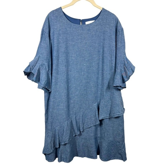 TJD The Jetset Diaries Dress Women's Large Blue Linen Blend Mini Shift Ruffles - Picture 1 of 7